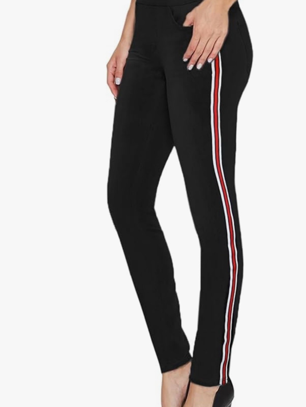 Women’s Casual Black Leggings with Red and White Side Stripes